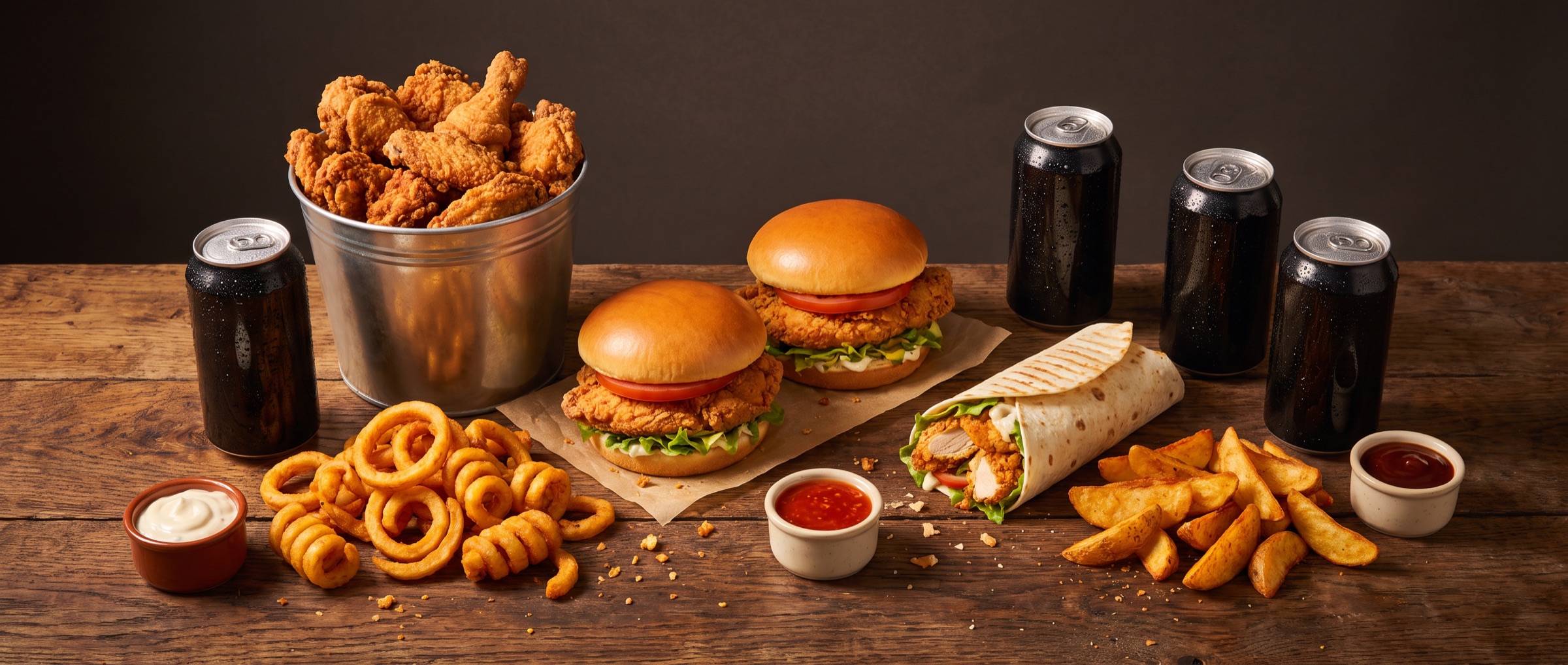 Große Auswahl: Bucket, Burger, Wrap, Curly Fries, Wedges und Dips auf dunklem Holztisch